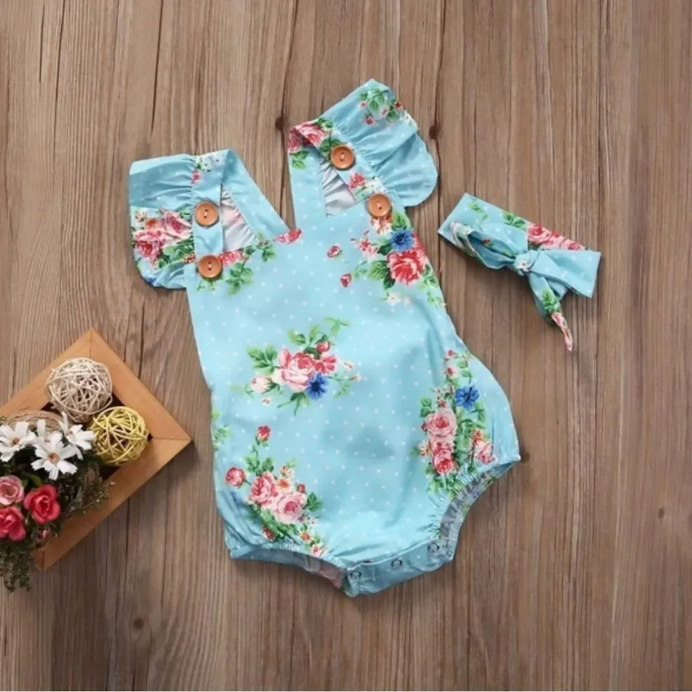 NEW SZ 0-3 month girls one piece floral baby romper w/ headband, strap w/ button